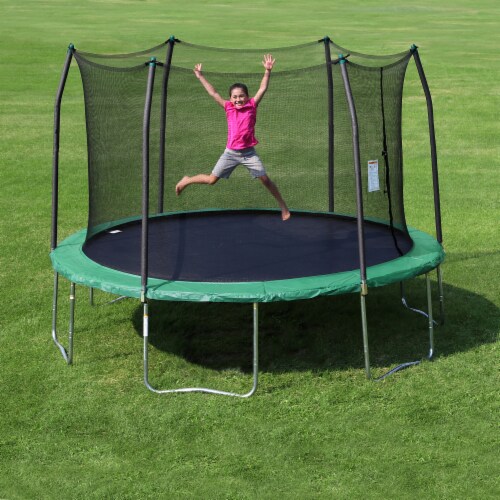 Skywalker Trampolines 12 Foot Round Outdoor Trampoline with Enclosure, Green Perspective: back