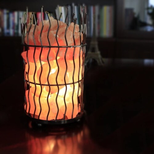 Himalayan Glow Pillar Style Metal Basket Lamp, Dimmable Lamp with Pink Salt Chunks | 8-10 lbs Perspective: back