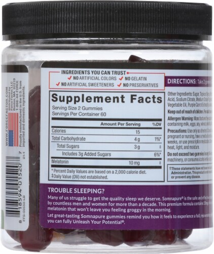 Force Factor Somnapure Dream Berry Flavor 10mg Melatonin Gummies Perspective: back