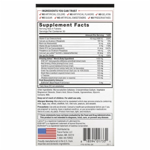 Force Factor® Ashwa Tablets Dietary Supplement Tablets Perspective: back