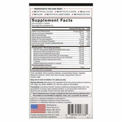 Force Factor® Ashwa Tablets Dietary Supplement Tablets Perspective: back