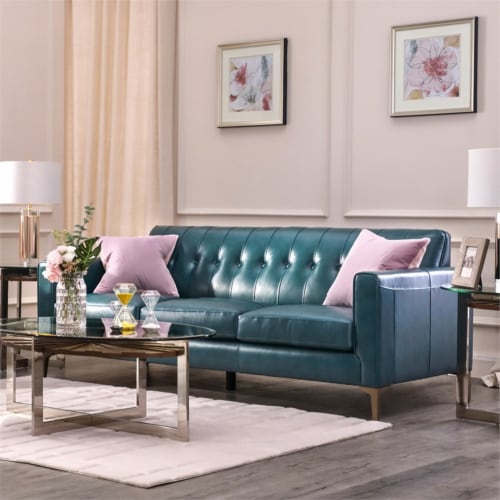Payton Leather Sofa Tufted Back In Turquoise 1 Kroger