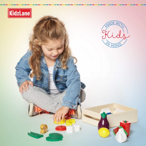 Kidzlane Wooden Crate 20 Piece Wood Play Food Set for Kids Kitchen
