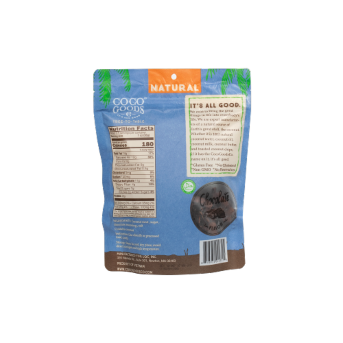 CocoGoods Co Natural Toasted Coconut Chips Chocolate 3.5 oz, Zip lock Bag Perspective: back