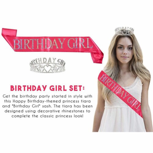 Pink Birthday Girl Rhinestone Tiara Birthday Sash Set for Gift Party Supplies and Decorations Perspective: back