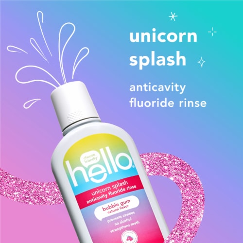 hello Unicorn Splash Fluoride Kids Mouthwash in Bubble Gum Natural Flavor Perspective: back