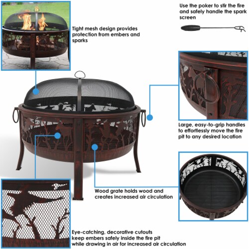 Sunnydaze 30" Fire Pit Steel with Pheasant Hunting Design and Spark Screen Perspective: back