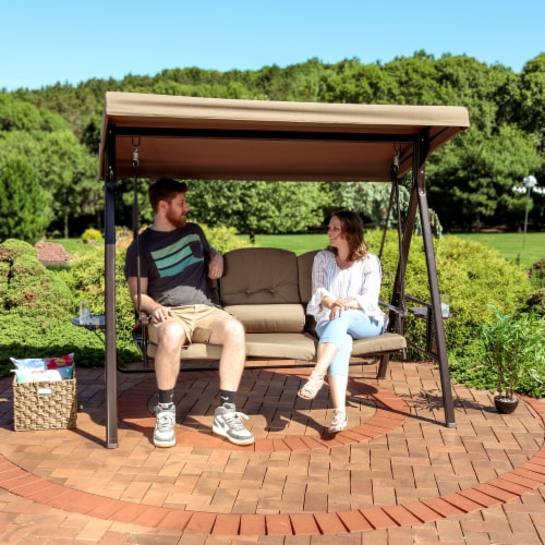 Sunnydaze 3 Person Steel Patio Swing Bench With Side Tablescanopy