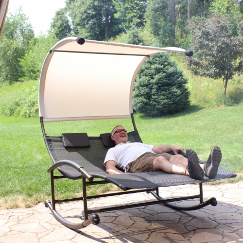 Sunnydaze Double Rocking Chaise Lounge Bed with Canopy and Pillows