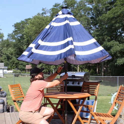 Sunnydaze 9 ft Solar Patio Umbrella with Lights, Tilt, and Crank - Navy Perspective: back