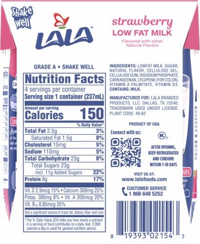 LaLa® Strawberry Low Fat Shelf Stable Milk Perspective: back