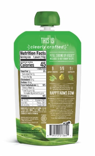 Happy Baby Organics Clearly Crafted Green Beans Spinach & Pears Stage 2 Baby Food Perspective: back