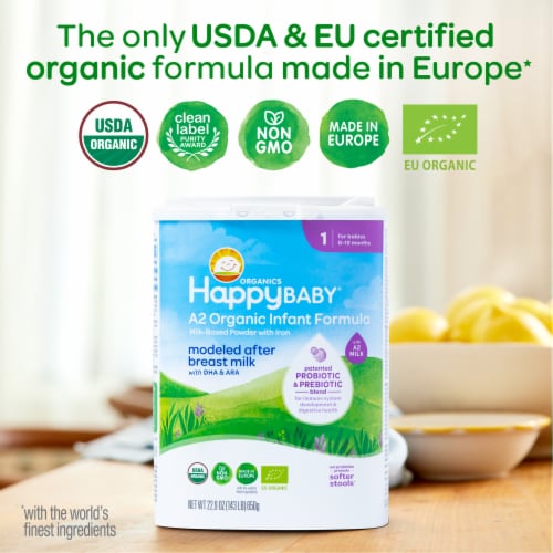Happy Baby Organics Stage 1 A2 Organic Infant Formula Container Perspective: back