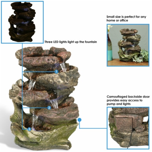 Tabletop Indoor Water Fountain LED Lights 14 5-Step Rock Falls Waterfall Decor Perspective: back