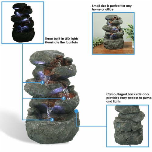 Tabletop Indoor Water Fountain LED Lights 10.5 Stacked Rocks Table Waterfall Perspective: back