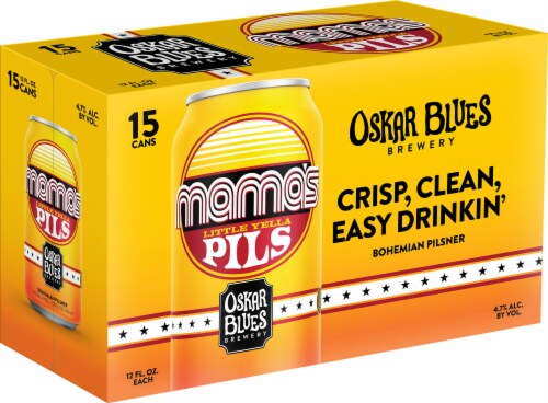 Oskar Blues Mama's Little Yella Pils Bohemian Pilsner Craft Beer Perspective: back