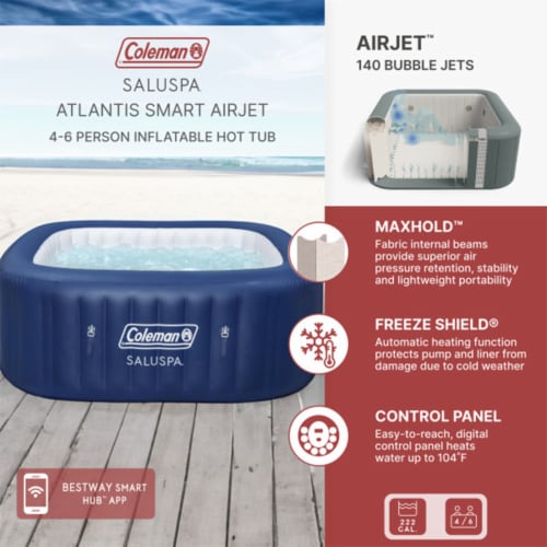 Coleman Atlantis SaluSpa 140 AirJet Square 4-6 Person Inflatable Hot Tub, Blue Perspective: back