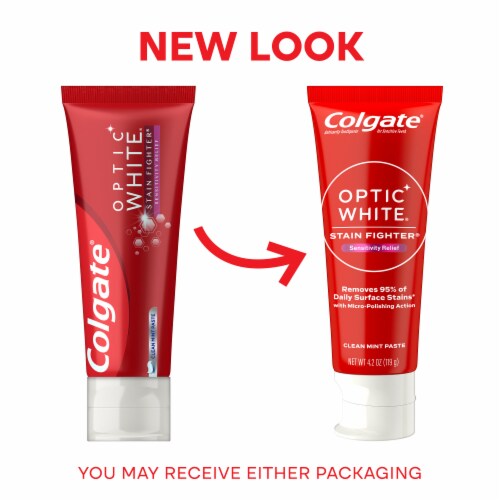 Colgate Optic White Whitening Toothpaste Stain Fighter Sensitivity Relief in Clean Mint Paste Perspective: back