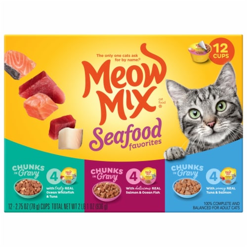 Meow Mix Chunks in Gravy Wet Cat Food Variety Pack, Seafood Favorites Perspective: back