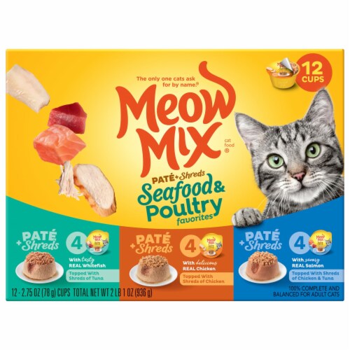 Meow Mix Pate & Shreds Wet Cat Food Variety Pack, Seafood & Poultry Favorites Perspective: back