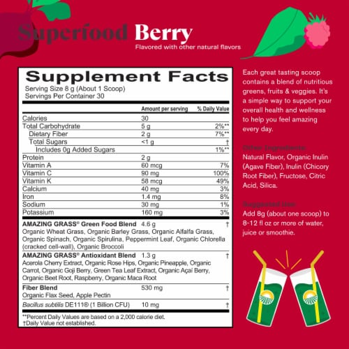 Amazing Grass Superfood Berry Greens Blend Powder 8g Perspective: back
