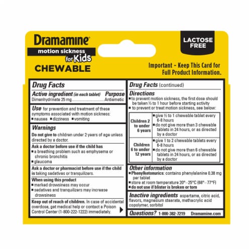 Dramamine® Kids Motion Sickness Relief Dimenhydrinate Grape Chewable Tablets Perspective: back