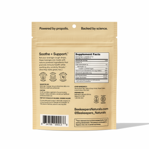 BeeKeeper's Naturals Propolis Soothing Lemon Ginger Lozenges Perspective: back