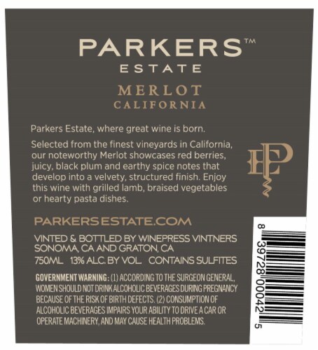Parkers Estate Merlot Red Wine Perspective: back