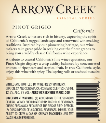 Arrow Creek Pinot Grigio Perspective: back