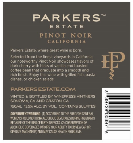 Parkers Estate Pinot Noir Red Wine Perspective: back