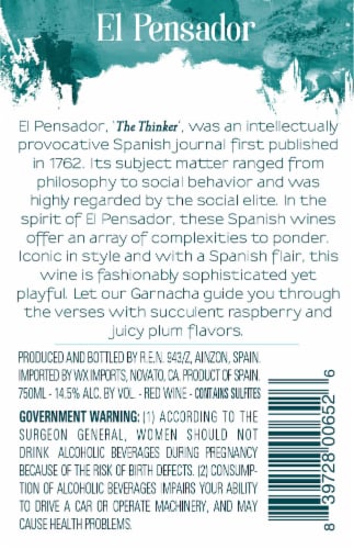 El Pensador Garnacha Red Wine Perspective: back