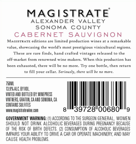 Magistrate Alexander Valley Cabernet Sauvignon Red Wine Perspective: back