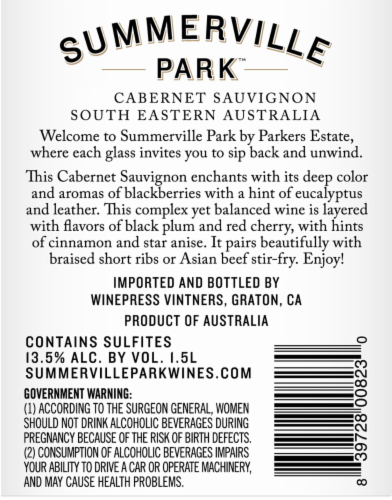Summerville Park Cabernet Sauvignon Perspective: back