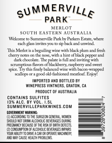 Summerville Park Merlot Perspective: back