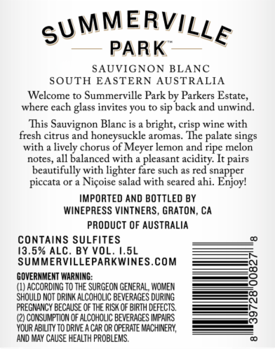 Summerville Park Sauvignon Blanc Perspective: back