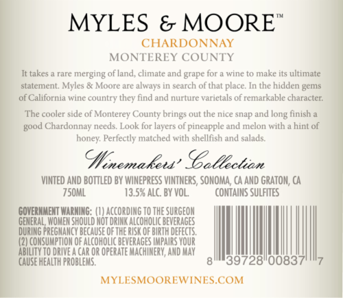 Myles & Moore Winemakers' Collection Chardonnay California White Wine Perspective: back