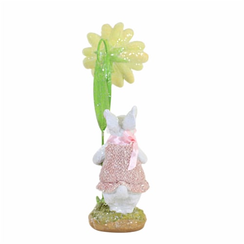Easter Bunny In Pink Dress Figurine Polyresin Glittered Daisy Flower 20372A Perspective: back