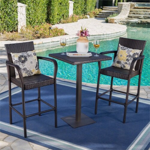 Noble House Lala Outdoor 3-Pc Square 26  Multi Brown Wicker Bar Set Perspective: back