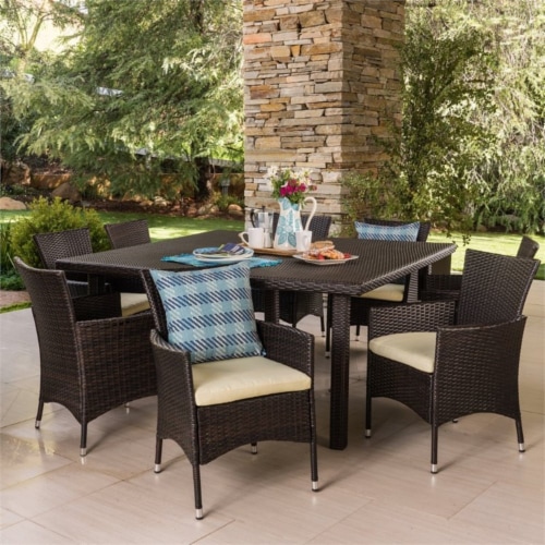 Noble House Aristo 9 Piece Wicker Square Patio Dining Set in Brown
