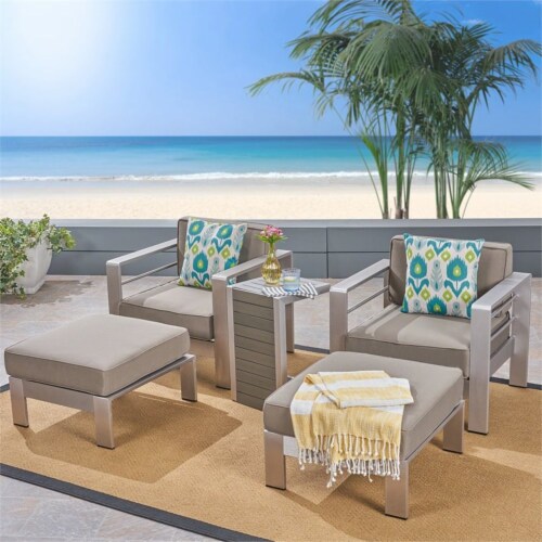 Noble House Cape Coral Outdoor Aluminum 2Seater Chair Chat Set Silver