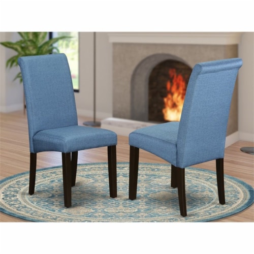 East West Furniture Barry 42  Wood Dining Chairs in Cappuccino/Blue (Set of 2) Perspective: back