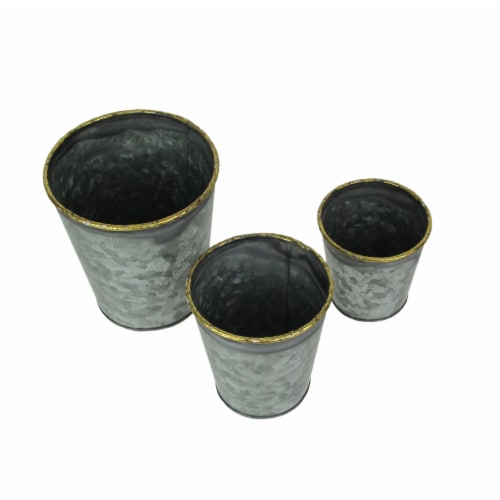 Set of 3 Galvanized Zinc Finish Primitive Buckets Hand Painted Metallic Gold Rims Perspective: back