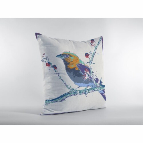 Perched Robin Double Sided Suede Pillow, Zippered, Purple On White Perspective: back