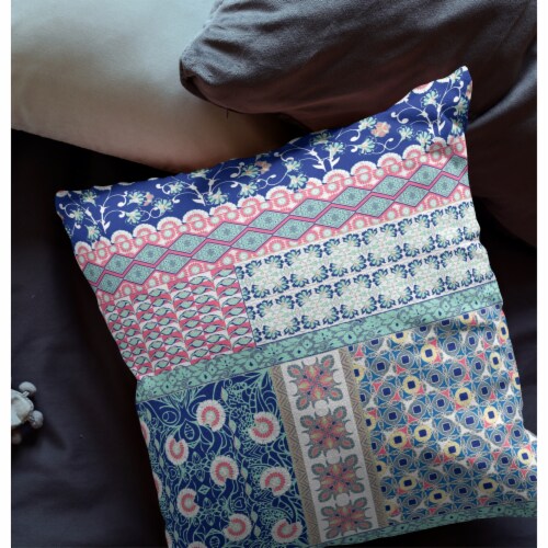 Flower Castle Patchwork Suede Zippered Pillow W Insert In Blue And Pink Perspective: back