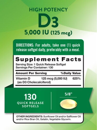 Nature's Truth High Potency 125 mcg D3 130 Softgels Perspective: back