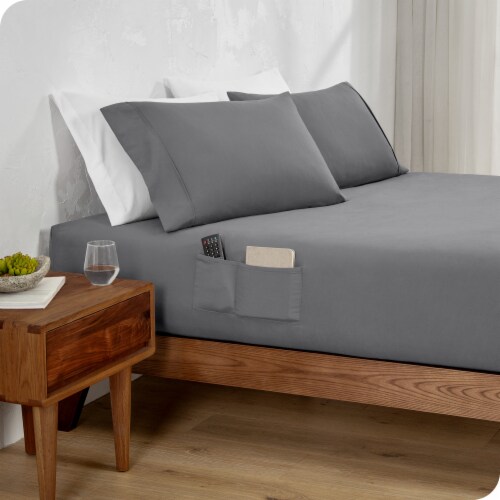 Bare Home Microfiber Dual-Pocket Fitted Sheet - Grey, Twin XL Perspective: back