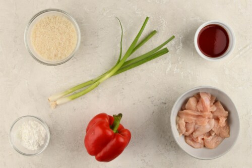 Home Chef Value Meal Crispy Sweet And Sour Chicken With Jasmine Rice And Red Bell Peppers Perspective: back