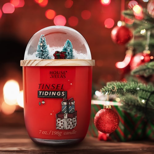 House of Velas Christmas Jar Candle Snow Globe Tinsel Tidings Perspective: back