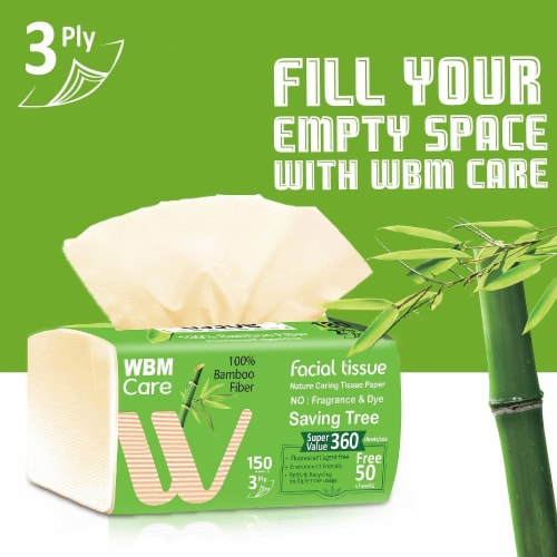 WBM Care Facial Tissue, No Fragrance & Dyes, 3-Ply Bamboo Paper, 150 Sheets/Pack, Pack of 3 Perspective: back
