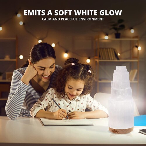Selenite Crystal Lamp, Includes Wooden Base, USB Cable & LED Light - 8 inch Perspective: back